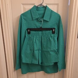 Green Button-Up Shirt and Shorts Set